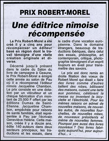 article de presse concernant le prix Robert Morel